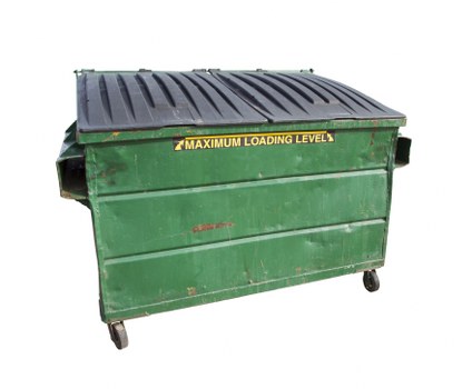 A large, green waste skip with a sloped, ribbed black lid and weathered finish, positioned on a paved or concrete surface, likely outdoors. The skip has four small wheels at the base for mobility, with visible scuff marks and minor rust on its metal surface, indicating regular use. A yellow label with black text reading 'MAXIMUM LOADING LEVEL' is affixed to the front top edge of the skip. The surroundings are not detailed, but the context suggests it is part of a commercial rubbish removal setup, possibly in or near a Walthamstow industrial or waste removal environment. The skip is empty and clean at the moment of the photo, emphasizing its capacity to hold waste materials, aligning with services offered by companies such as Commercial Waste Removal Walthamstow.