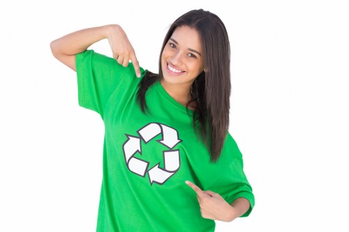 A young woman with long, straight dark hair and a bright smile is standing against a plain white background. She is wearing a vivid green t-shirt featuring a white recycling symbol on the front. The woman is pointing to the recycling graphic with her right hand while her left hand is raised, pointing to the same symbol. Her expression conveys enthusiasm for recycling and environmental awareness. The image appears to be a promotional or awareness-focused photograph, emphasizing the importance of waste segregation and recycling practices, which are relevant to rubbish removal services in Walthamstow and the surrounding areas. The plain background ensures the focus remains on her and the recycling message, supporting the themes typical of environmentally conscious waste management campaigns.